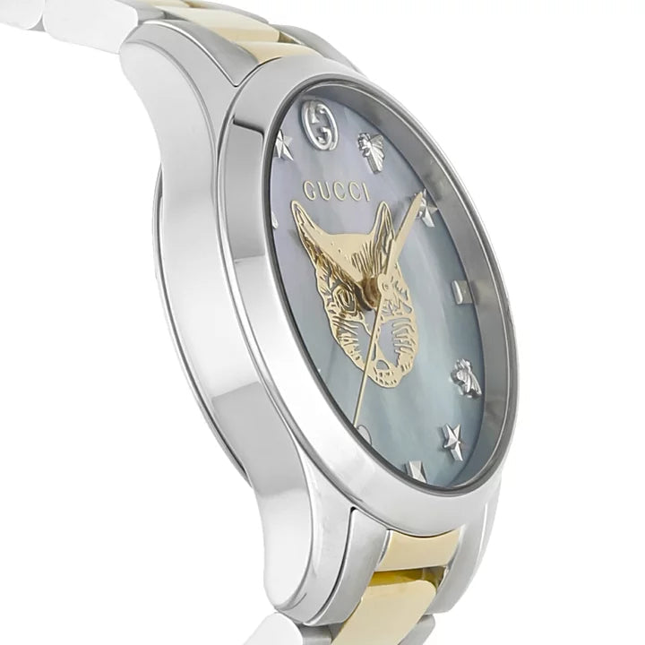 Gucci YA1265011 watch side profile showing two-tone stainless steel and gold bracelet