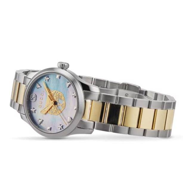 Gucci YA1265011 G-Timeless watch angled view with blue dial and mixed metal bracelet