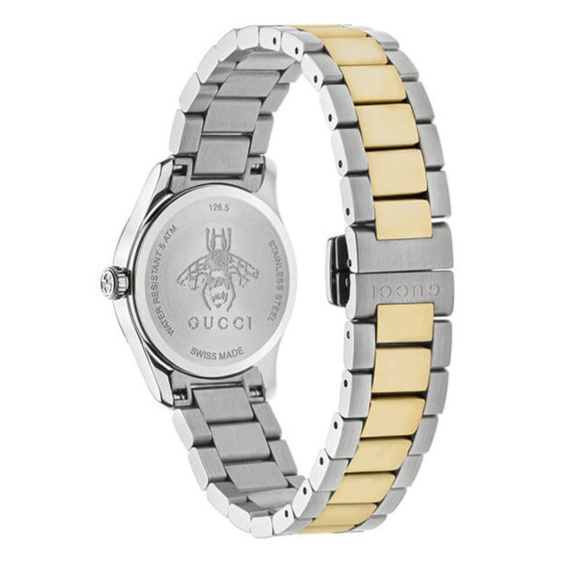 Gucci YA1265011 caseback showing Swiss made and Gucci bee engraving