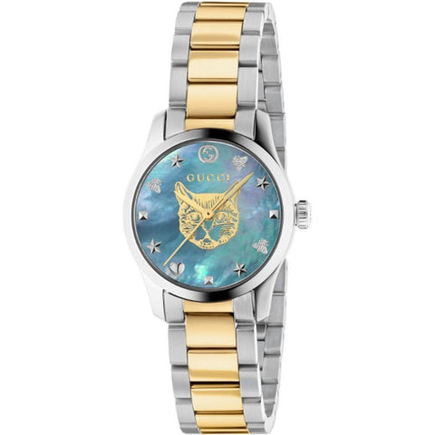 Gucci G-Timeless YA1265011 watch dial featuring golden cat design on blue mother of pearl