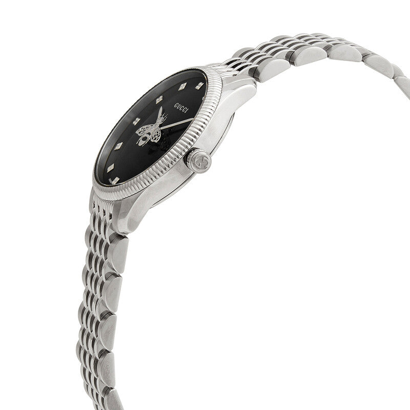 Side angle view of Gucci YA1265020 watch showing case profile and stainless steel strap