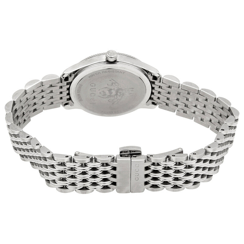 Caseback view of Gucci YA1265020 with stainless steel bracelet and fold-over clasp
