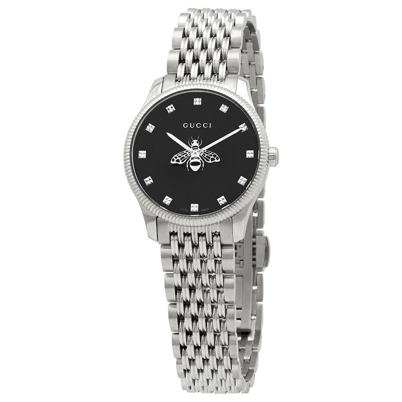 Gucci YA1265020 ladies watch with black dial, diamond markers, and stainless steel bracelet