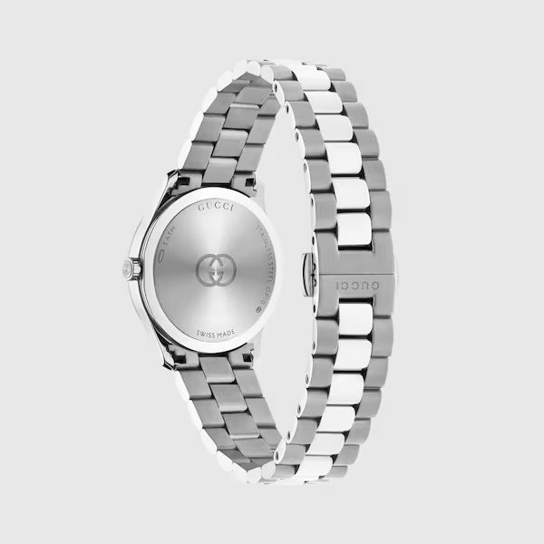 Stainless steel watch caseback and side profile showing bracelet