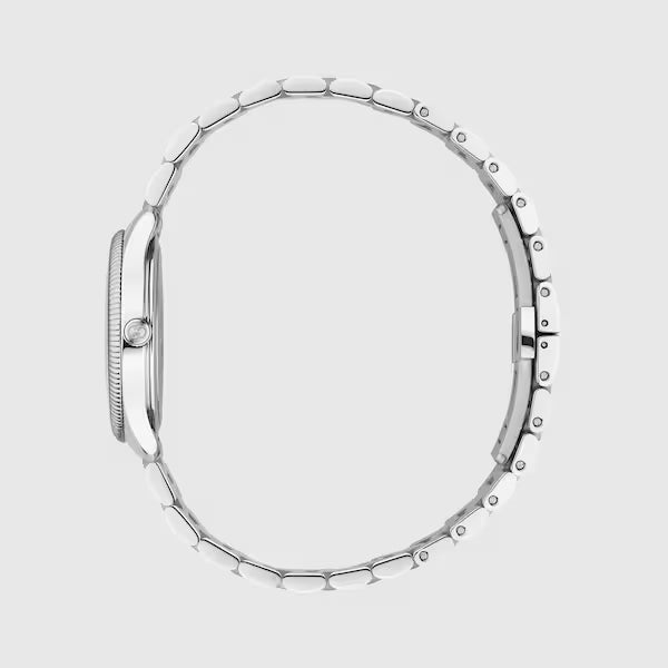 Stainless steel watch side view showing case profile and bracelet