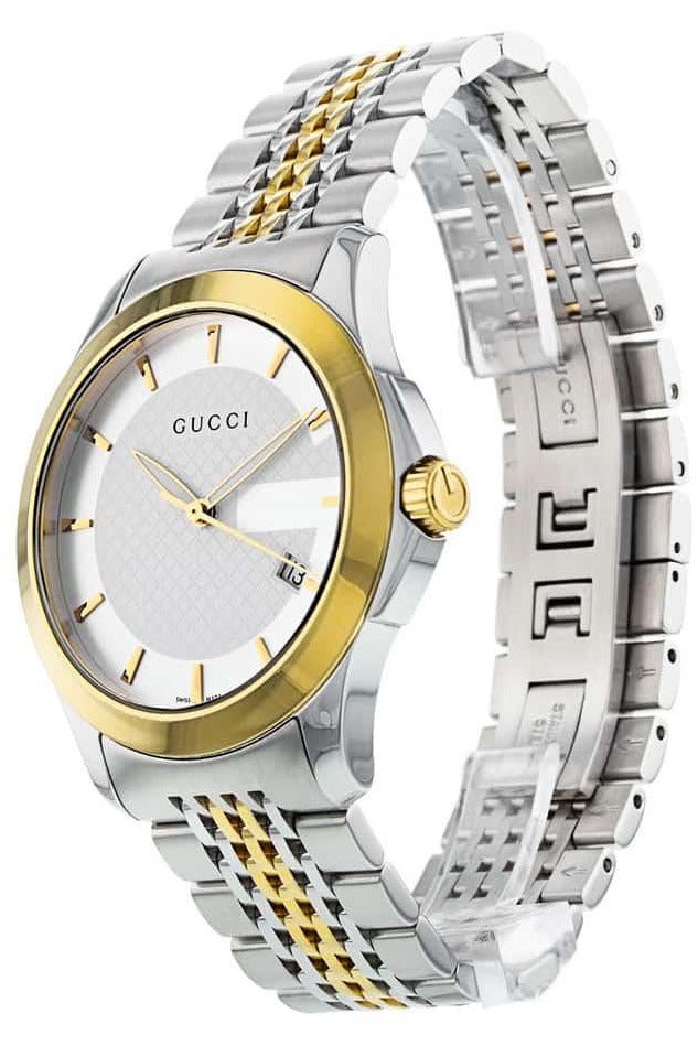 Gucci G Timeless watch shown from angled side view displaying bracelet and case profile
