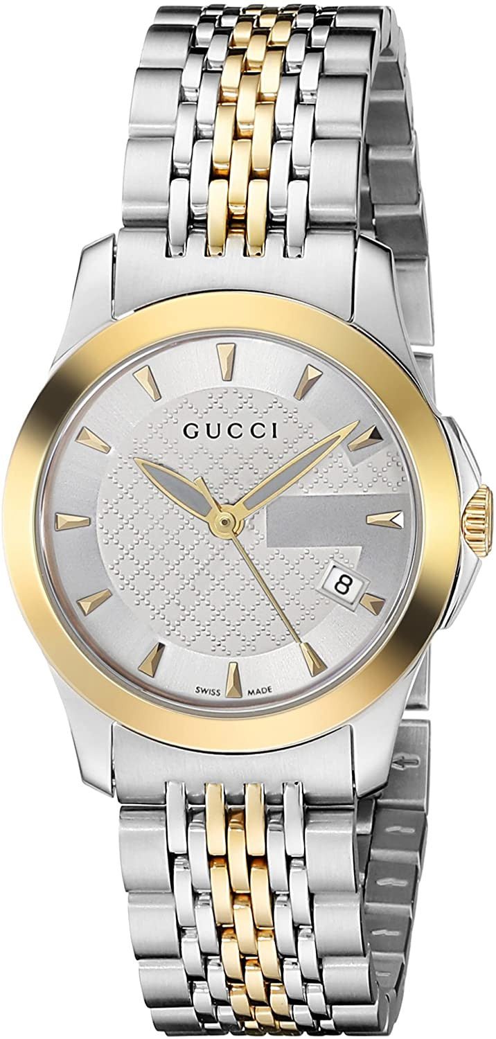 Gucci G Timeless women's watch with silver dial and two-tone steel and gold bracelet