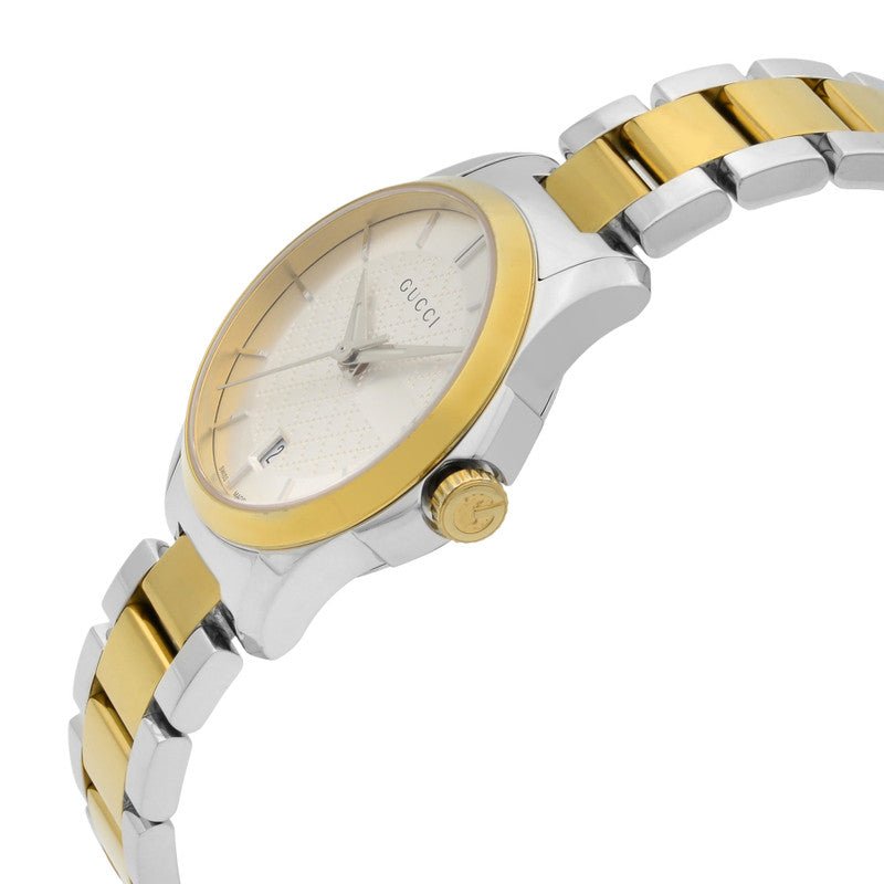 Gucci G-Timeless YA126563 watch three-quarter view with two-tone stainless steel bracelet
