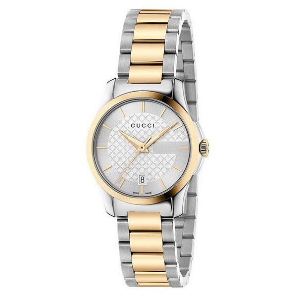 Gucci G-Timeless silver dial watch with two-tone case and stainless steel band