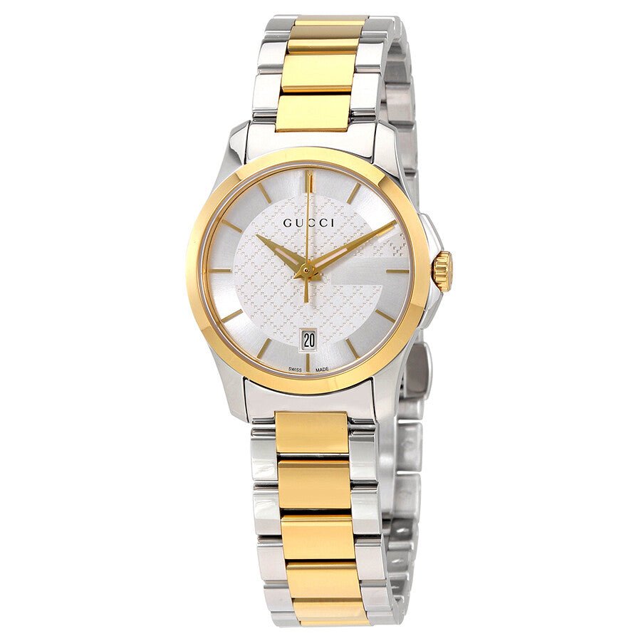 Gucci G-Timeless two-tone ladies watch with silver GG pattern dial and date display