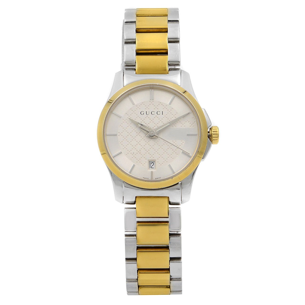 Gucci G-Timeless YA126563 watch featuring gold-tone bezel and two-tone stainless steel bracelet