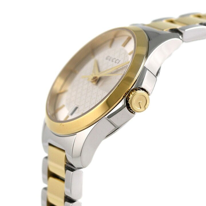 Gucci G-Timeless ladies watch side profile with gold-tone bezel and crown detail
