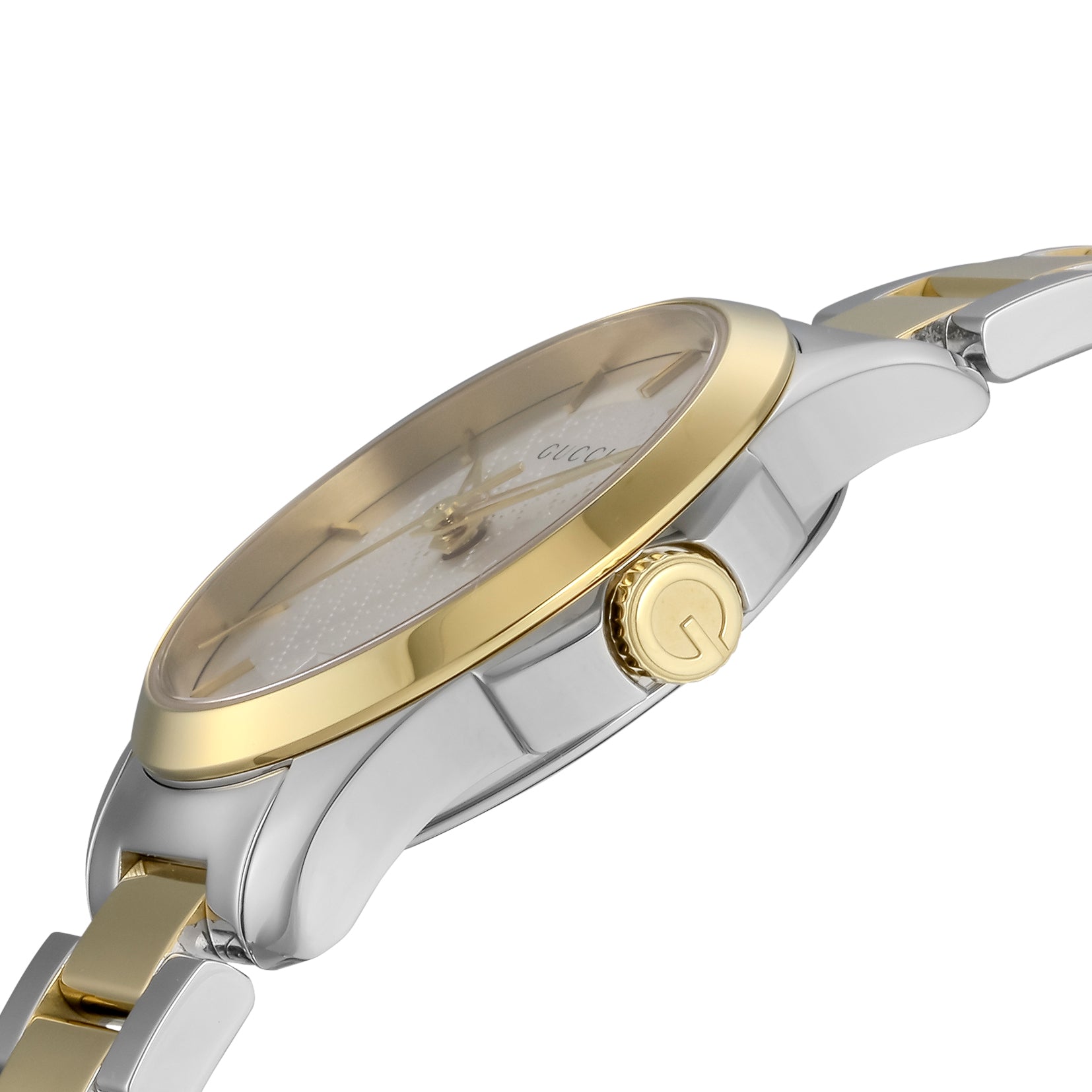 Gucci YA126563 watch side view showcasing two-tone bracelet and case profile