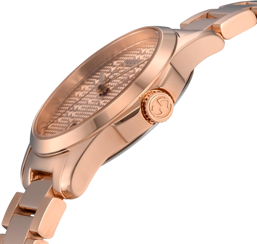 Gucci G-Timeless watch side profile showing rose gold case and Gucci crown detail