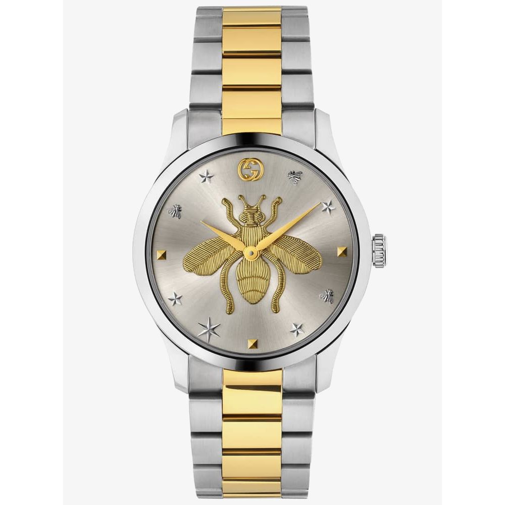 Gucci YA126599 G-Timeless watch face with gold bee centered on silver dial, star hour markers