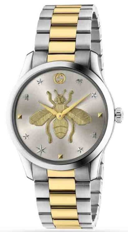 Gucci G-Timeless YA126599 women's watch with silver dial featuring gold bee, two-tone steel and gold bracelet