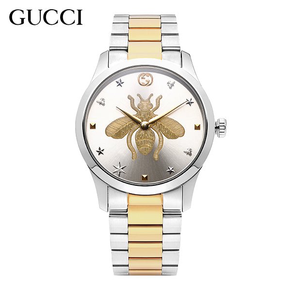 Gucci G-Timeless YA126599 women's watch with silver dial, bee motif, two-tone steel and gold bracelet