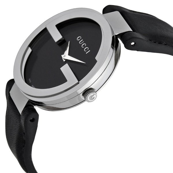 Side view of Gucci Interlocking watch showing silver case and black leather strap