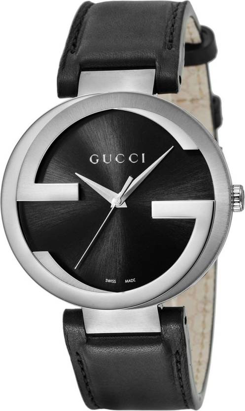 Gucci Interlocking watch with black dial, silver case, and black leather strap