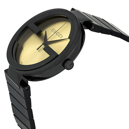 Side angle view of Gucci Grammy watch with black steel bracelet
