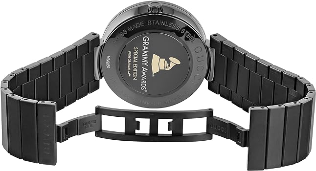 Caseback view of Gucci Grammy watch showing black PVD stainless steel