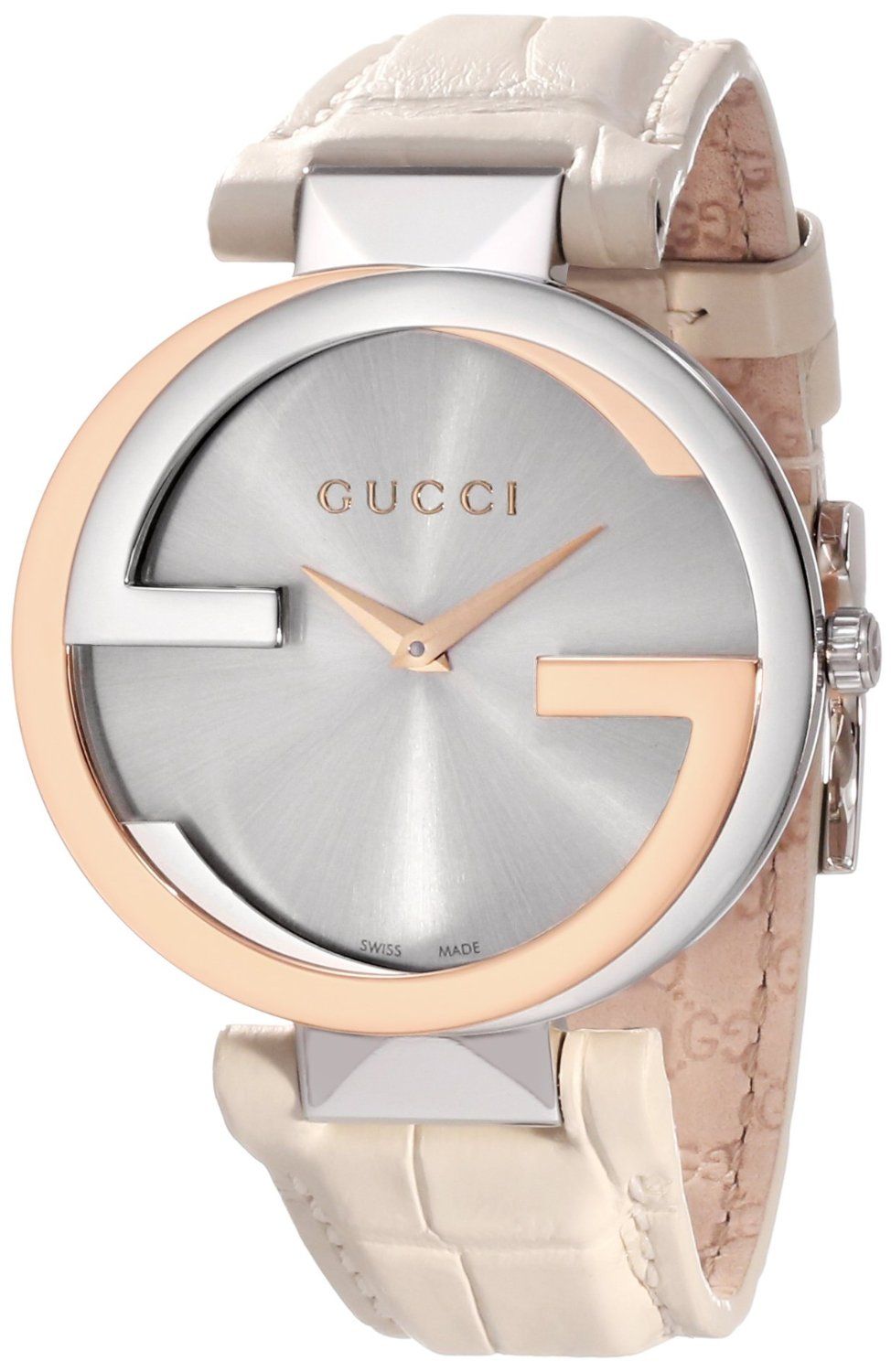 Gucci YA133303 women's watch with 18k gold and steel case, silver dial, and cream leather strap