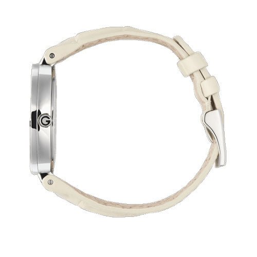 Gucci YA133303 side view showing cream leather strap and stainless steel case profile