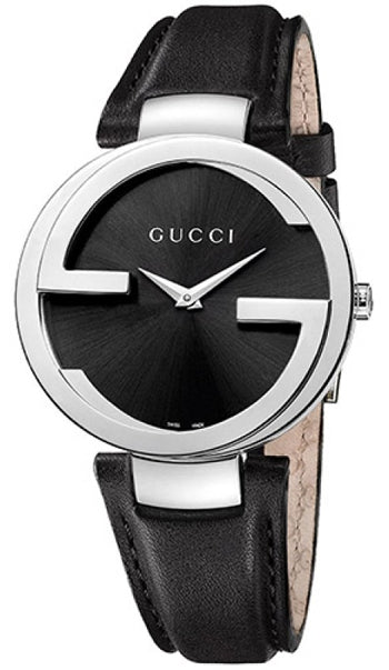 Gucci Interlocking G ladies watch with black dial and black leather strap
