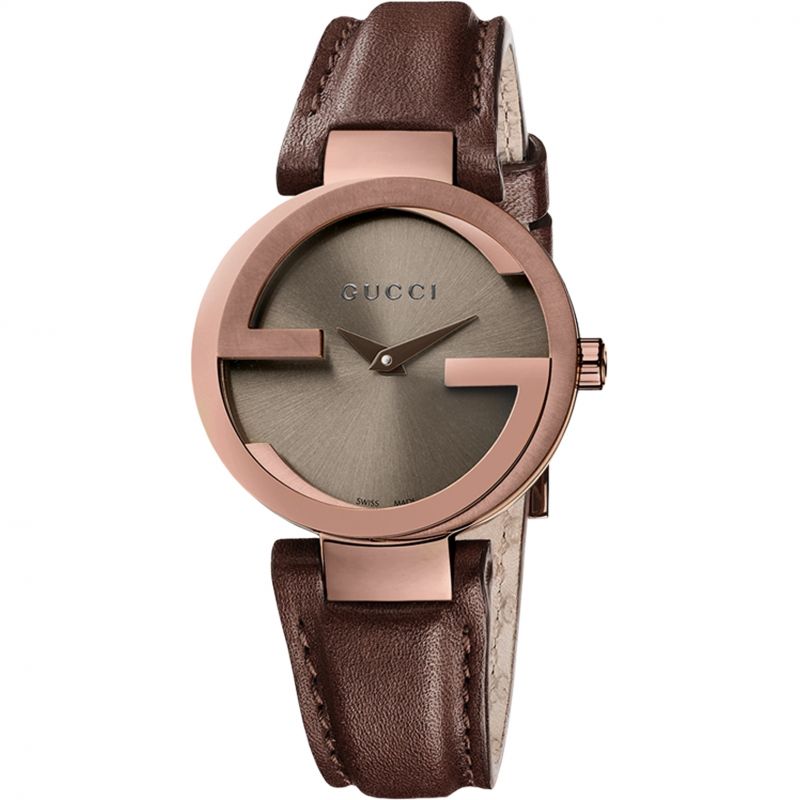 Gucci Interlocking G watch with rose gold case, brown dial, and brown leather strap