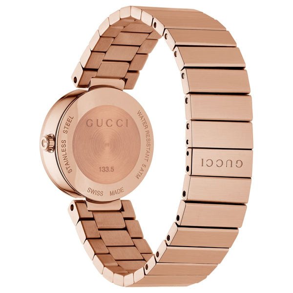 Side profile of Gucci YA133515 rose gold watch with stainless steel bracelet and caseback