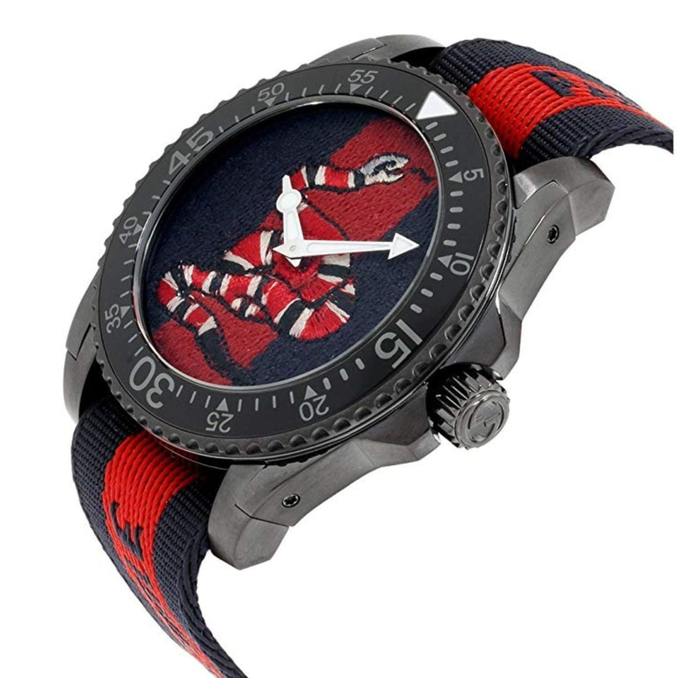 GUCCI Dive 45MM watch shown at angle with snake embroidered dial and curved strap