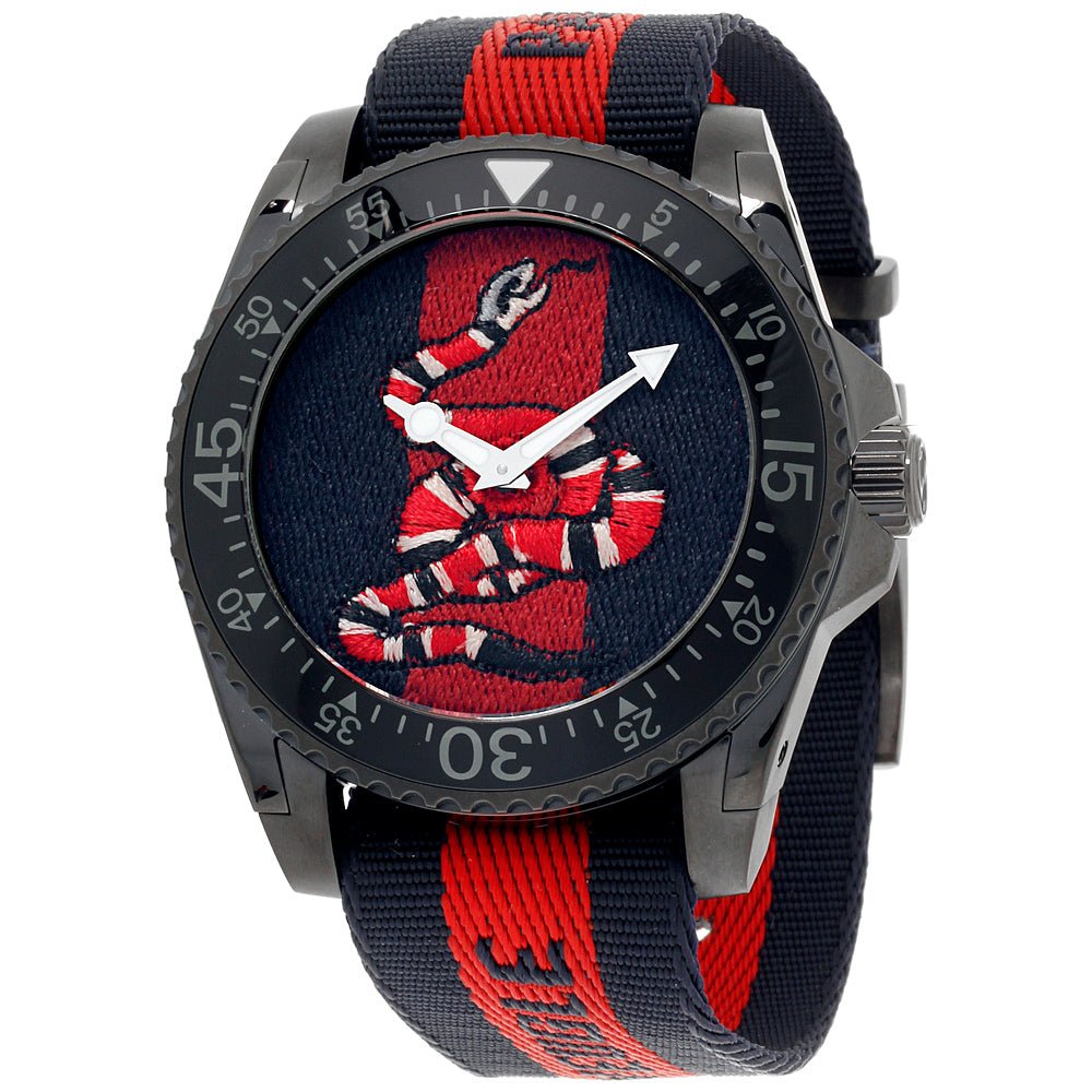 GUCCI Dive men's watch showing snake embroidered dial with white hands and rotating bezel