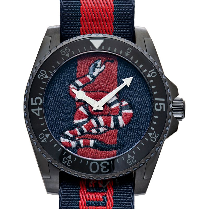 GUCCI Dive 45MM watch front view with red and navy embroidered snake motif and black bezel