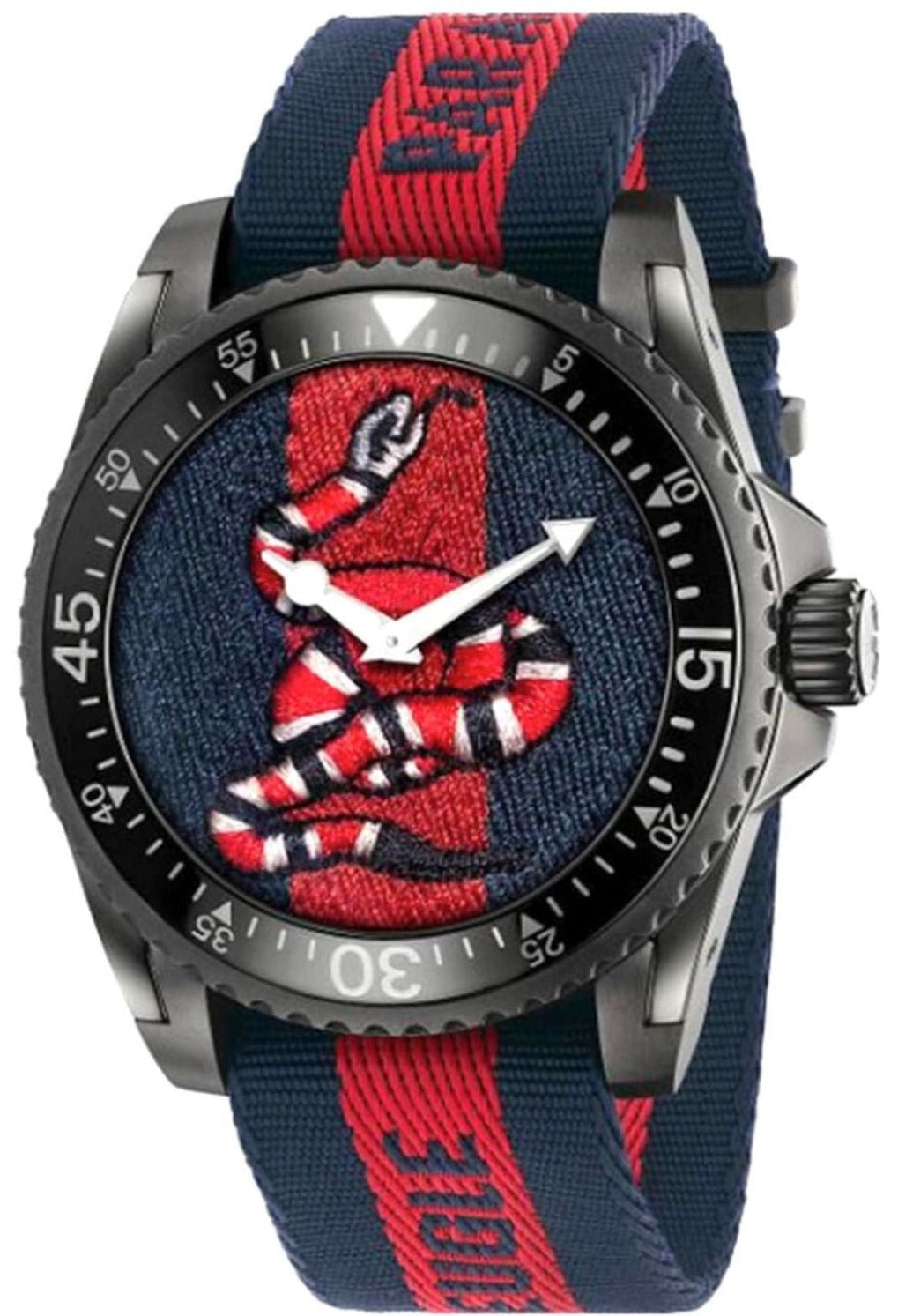 GUCCI Dive 45MM watch with red and navy snake embroidered dial and navy nylon strap with red stripe