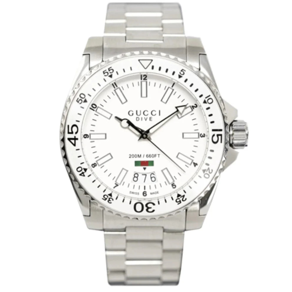 Gucci Dive 45mm stainless steel men's watch with white dial, rotating bezel, and metal bracelet