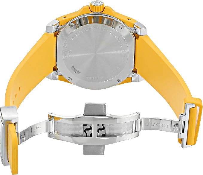 Gucci watch caseback and strap with Gucci branding and yellow silicone material