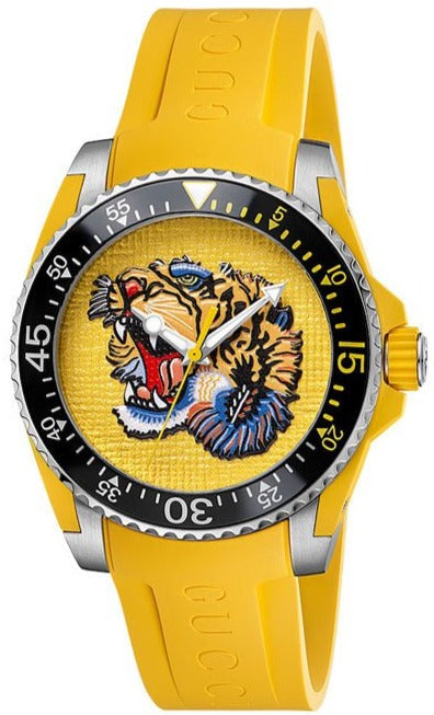 Gucci 40mm yellow watch with embroidered tiger dial and black rotating bezel