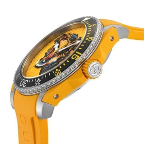 Side profile of Gucci yellow tiger watch showing case profile and strap detail