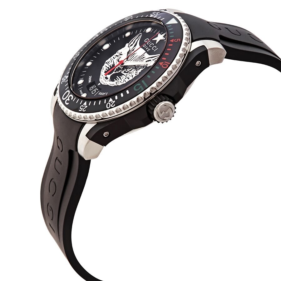 Gucci Dive watch shown at side angle displaying case profile, bezel, and black rubber strap