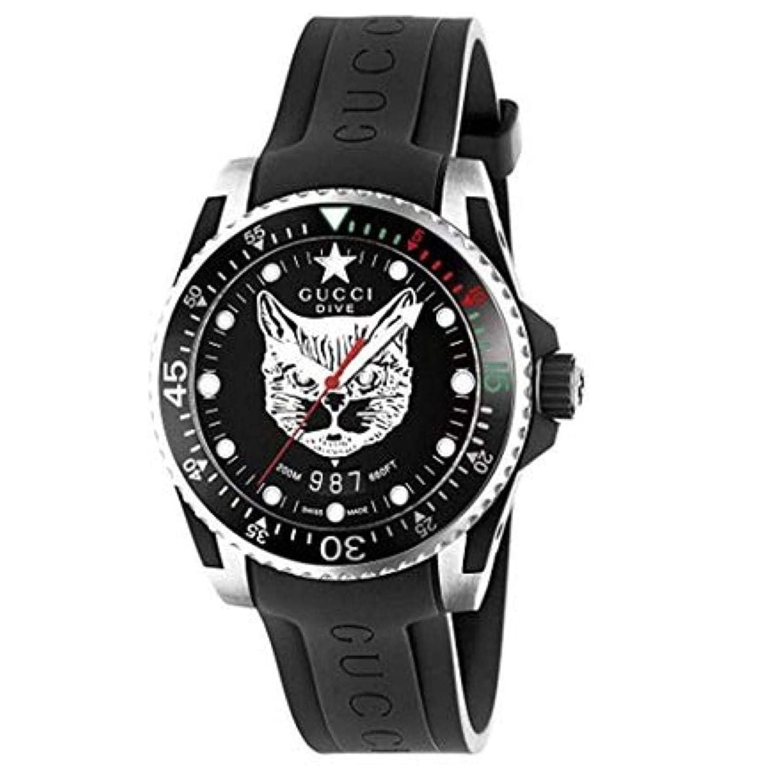Gucci Dive men's watch with black dial, white cat face motif, steel case, and rotating bezel on black rubber strap