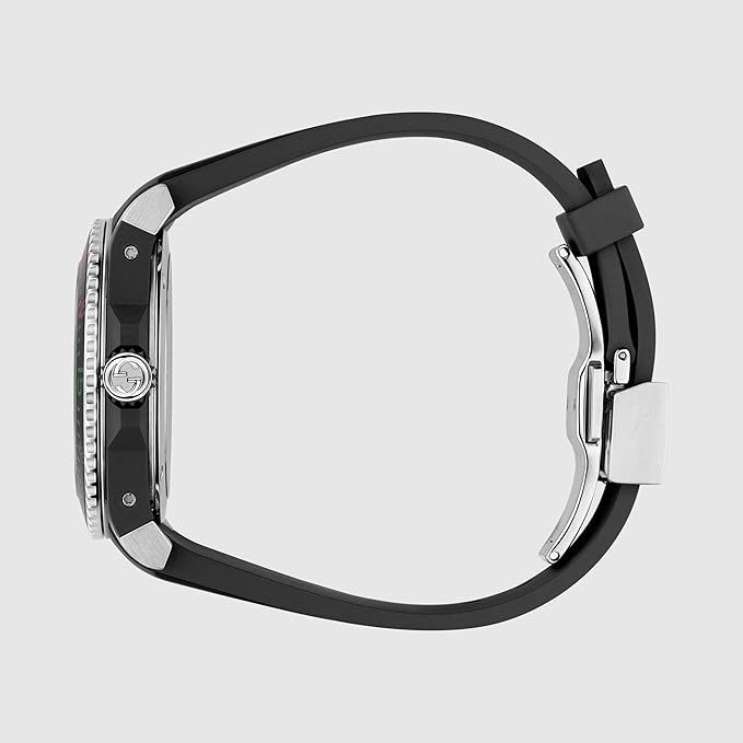 Gucci Dive watch displayed on wrist showing full strap, steel case, and black rubber band fit