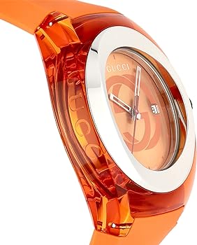 Gucci YA137108 watch at three-quarter angle showing orange strap and red dial