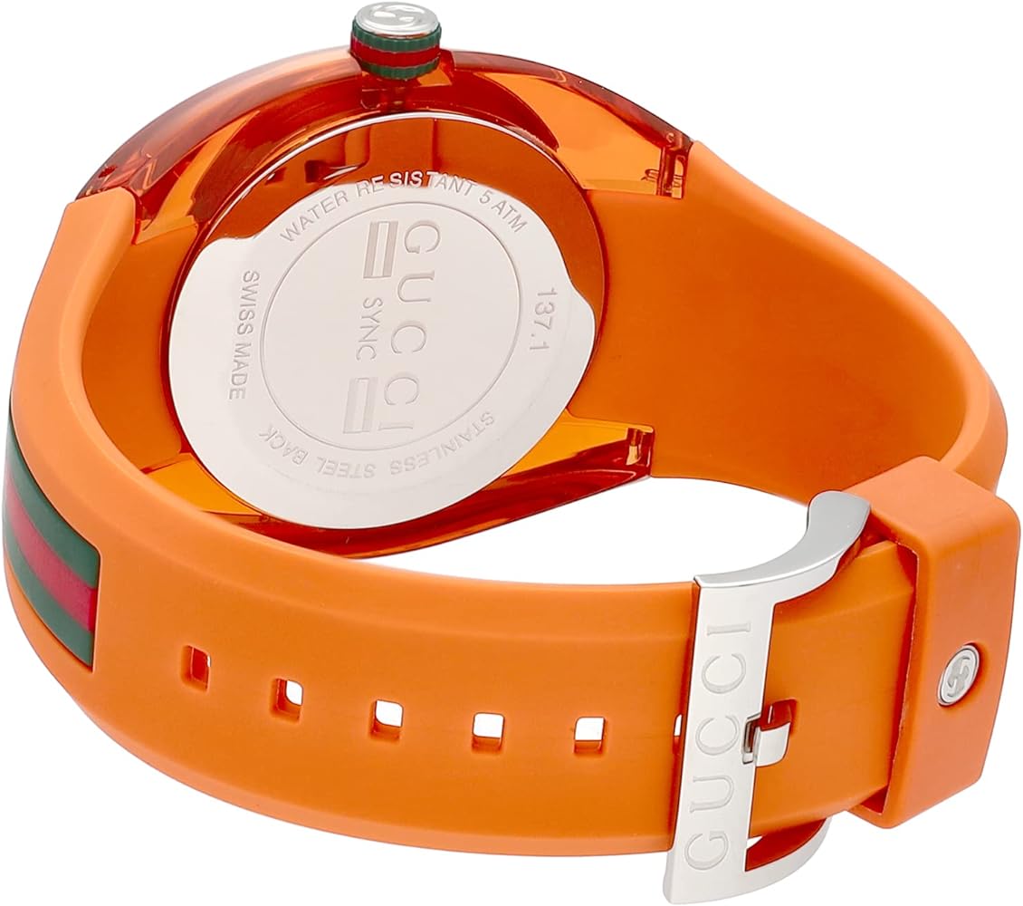 Gucci YA137108 watch caseback on wrist showing interlocking G and orange strap