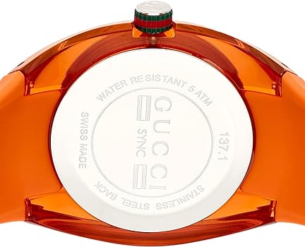 Gucci YA137108 caseback showing interlocking G logo and water-resistant marking