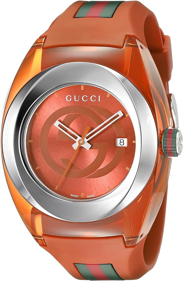 Gucci YA137108 orange rubber strap men's watch with red dial and interlocking G logo