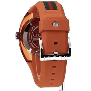 Gucci YA137108 side view showing orange rubber strap buckle and green-red stripe detail