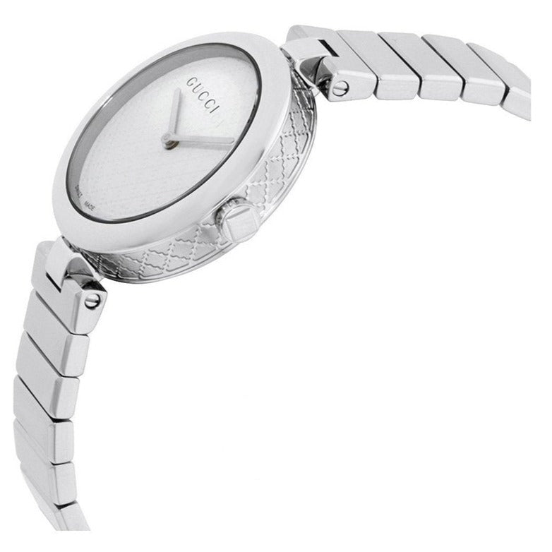 Gucci YA141402 watch angled view showing mother of pearl dial and steel bracelet