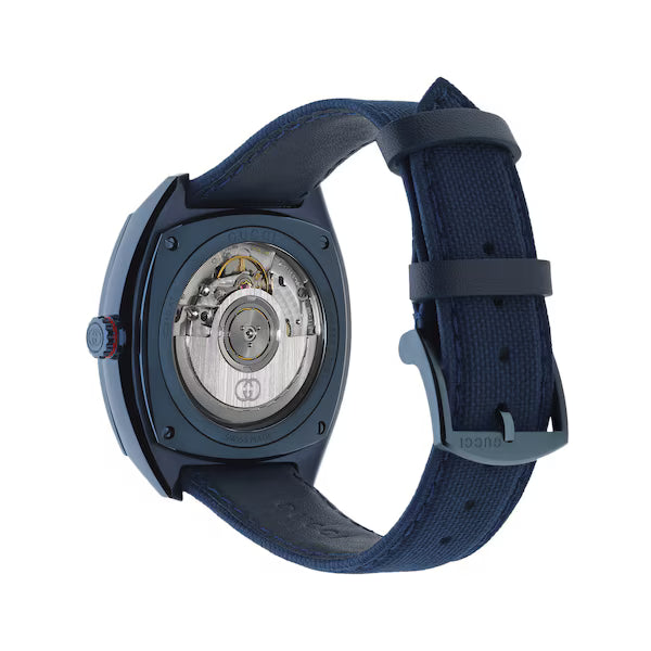Gucci watch caseback showing visible movement and mechanical details