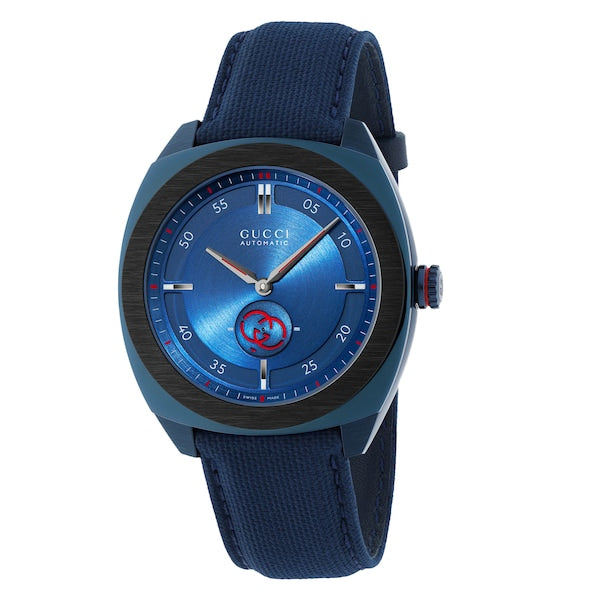 Gucci Interlocking blue dial women's watch with textile strap and red accent