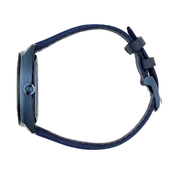 Gucci watch side view with blue textile strap and buckle closure